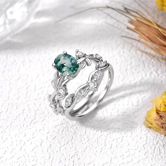 Women's S925 Oval Shape 1 Carat Green Moss Agate Engagement Ring Set - Picture 4 of 5